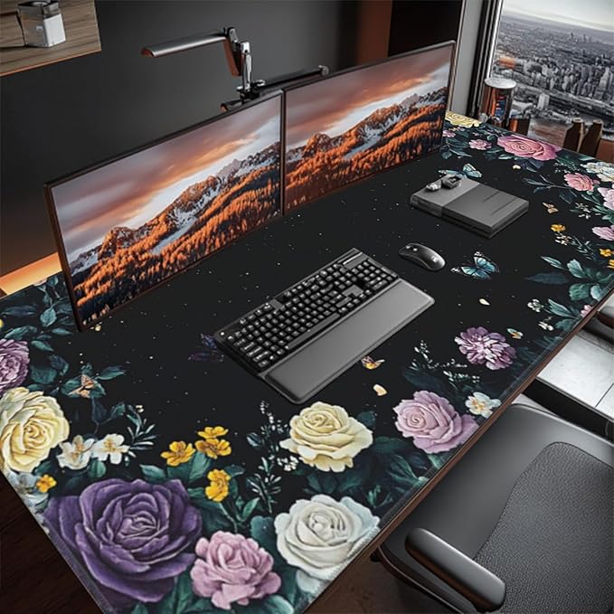 Gaming &amp Office Mouse Pad - 48x 24 Extended 3XL Desk Mat with Stitched Edges Non-Slip Rubber Base Giant Computer Mousepad for Laptop Keyboard PC - Flower Pattern Desk Protector