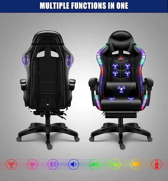TBQATNTS Gaming Chair Gaming Chair with 7-Point Massage Function Computer Chair with Speakers and RGB Lights Ergonomic Racing Chair Gaming Chair for Adults with Headrest and Lumbar Pillow.White