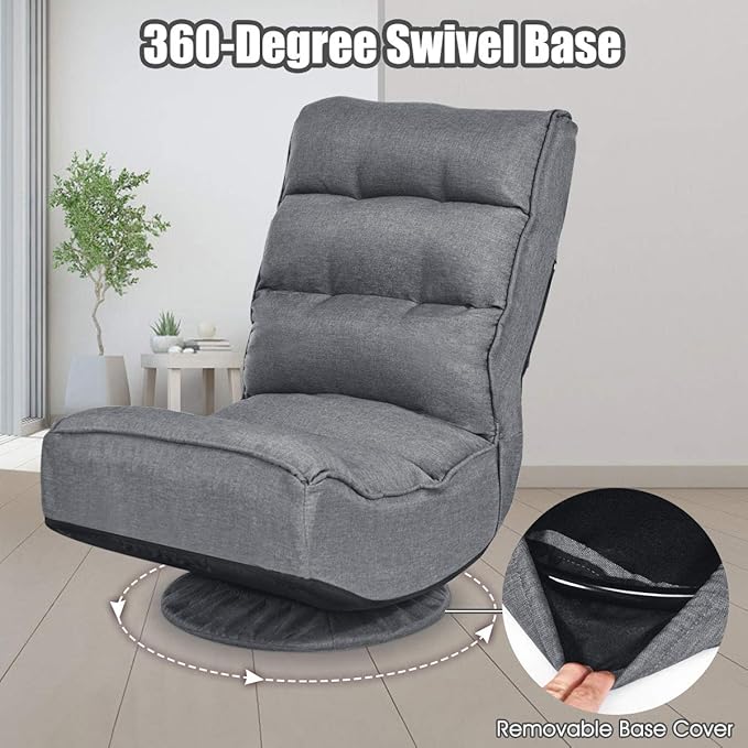 Giantex 360 Degree Swivel Floor Chair Folding Floor Gaming Chair with 6 Positions Adjustable Lazy Sofa Lounge Chair w/Tufted Back Support Video Gaming Chair for Reading TV Watching (Gray)