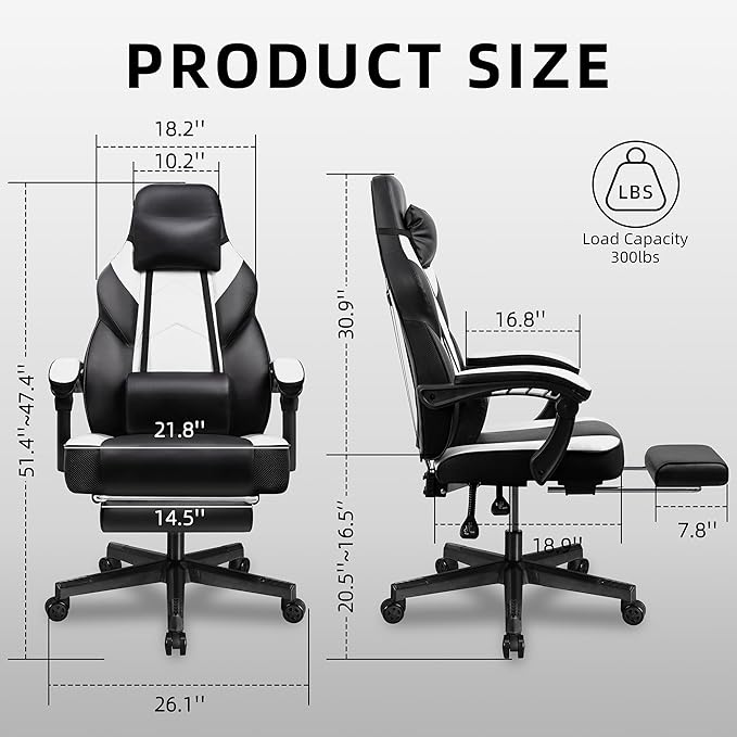 Shintenchi Gaming ChairVideo Game Chair with footrest and Massage Lumbar SupportHeight Adjustable Game Chair with 360°Swivel Seat Ergonomic Computer Chair with Headrest for Office or Gaming(White)