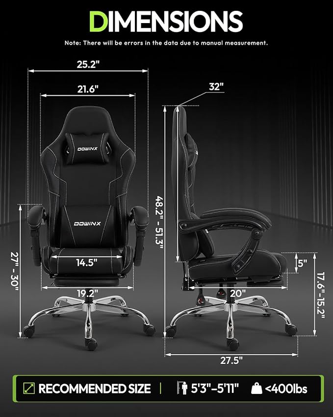 Dowinx Ergonomic Gaming Chair with Footrest &amp Massage Lumbar 2D-Linkage Armrests for Computer Chair 330lbs with Headrest Pillow for Office Home Streaming and Long Gaming Sessions Black