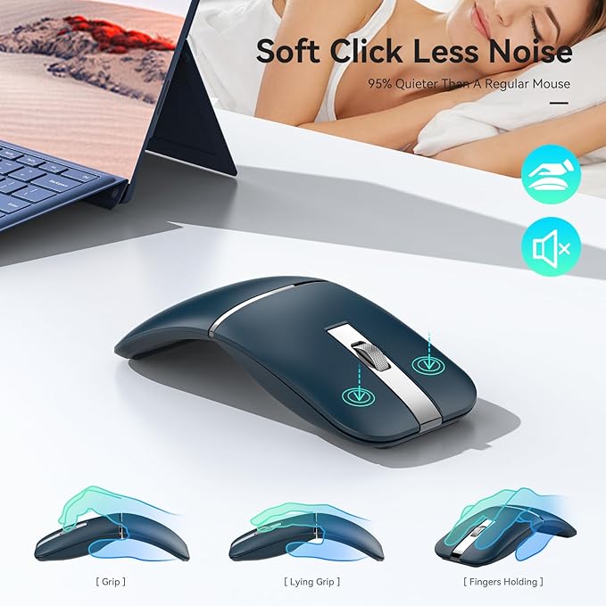 Bluetooth Wireless Arc Travel Mouse Dual Model (2.4G+BT5.1) Rotating Foldable Mouse for Microsoft Rechargeable Slim Portable Mice for Laptop Notebook PC MacBook Chromebook - Sapphire Blue