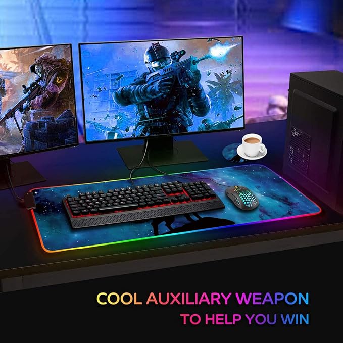RGB Gaming Mouse Pad and Coffee Coaster XXL Large Glowing LED Mousepad Anti-Slip Rubber Base Computer Keyboard Desk Mouse Mat 31.5 X 11.8 Inch - Blue Galaxy Nebula Wolf