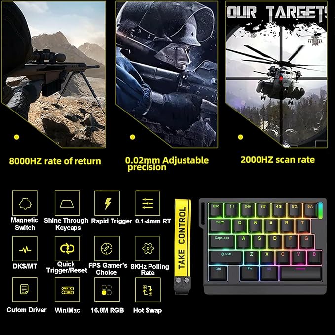 HE30 Rapid Trigger Gaming KeyboardOne-Handed Magnetic Switch Hall Effect RGB HotSwap Custom Mechanical Keyboard Adjustable Actuation8kHz Hyper Polling Rate Mini Macro Gasket Keypad (Black)