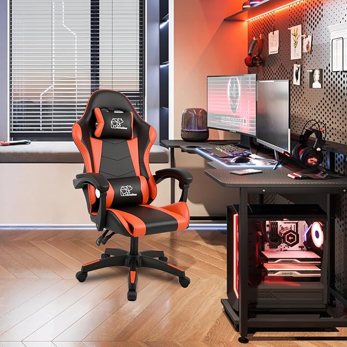 BorealBear Gaming Chair Office Chair Reclining High-Back PU Leather Computer Desk Chair with Headrest and Lumbar Support Suitable for Gaming Chairs Office Storage and More（Orange）