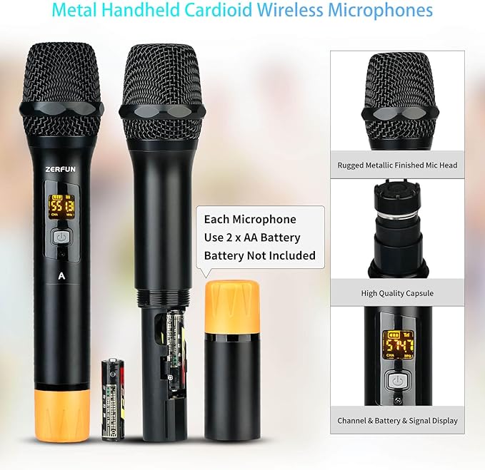 Pro Wireless Microphone System 4 Channel UHF Metal Cordless Handheld Headset Lavalier Lapel Mics for Church Karaoke Singing 4x50 Adjustable Frequency(G8 Battery 2 Handheld 2 Bodypack)