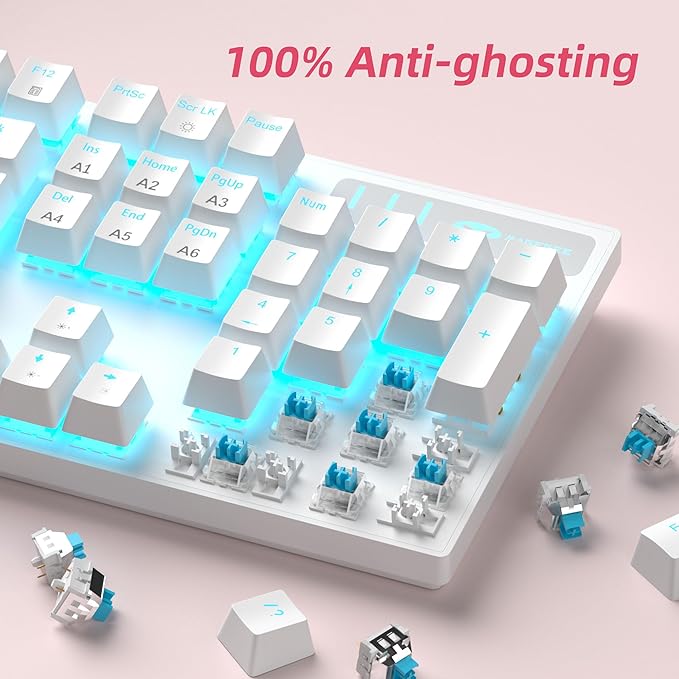 MageGee Mechanical Gaming Keyboard Wired USB Adjustable Backlight Keyboard New Mechanical Storm 100% Anti-ghosting Keyboards with Blue Switches for Windows PC/MAC Games (White)