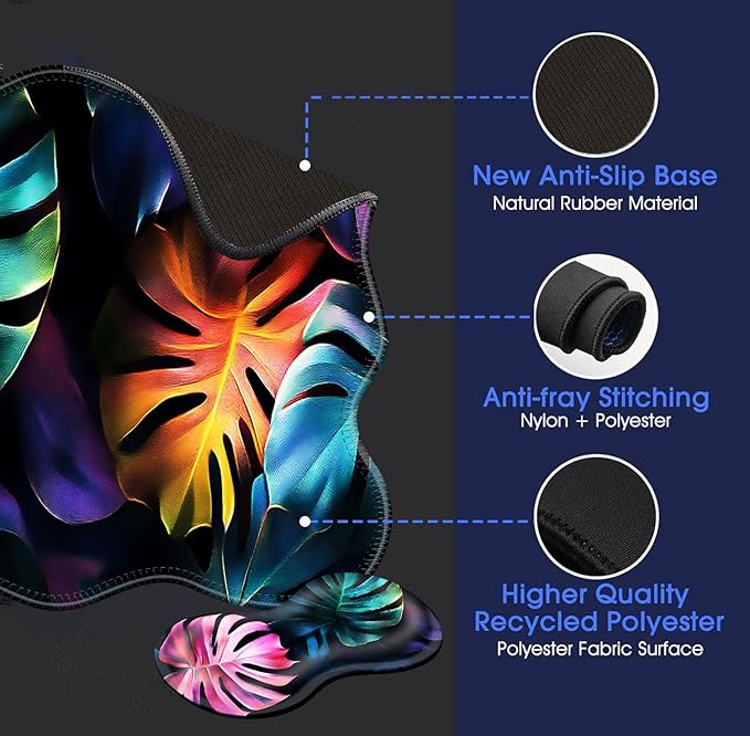 Large Mouse Pad and Keyboard Wrist Rest Desk Pad for Keyboard and Mouse 4-in-1 Large Gaming Mouse Pad with Wrist Support Desk Mat for Home Office Study Game-Colorful Tropical Leaf