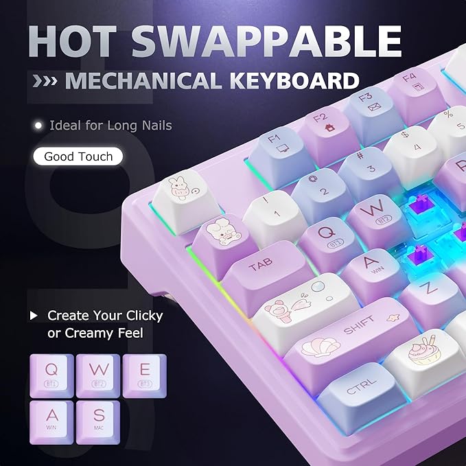 F98 Wireless Mechanical Keyboard with Knob Thocky Creamy Keyboard with Number pad Hot Swappable RGB Backlit Keyboard BT 5.0/2.4G/USB-C for Mac Laptop &amp PC Gaming Keyboards Pink