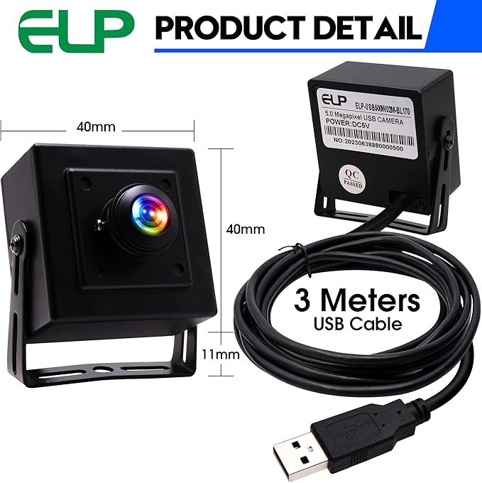 ELP Mini Aluminum Black Case USB Security Camera with 170degree Wide Angle Fisheye Lens USB2.0 Lightburn Camera for Home Security and Machine Vision System9.9ft/3m Cable for PC Laptop Jetson Nano