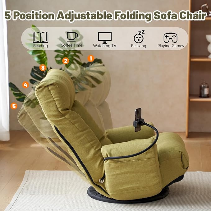 360° Swivel Gaming Floor Chair 5 Position Adjustable Folding Sofa Chair with Armrests &amp Phone Holder Cushion Padded Indoor Chaise Lounge for Adults Home Office Floor Leisure Chairs Green