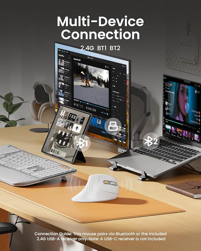 ProtoArc Ergonomic Mouse EM11 NL Bluetooth Rechargeable Wireless Vertical Mouse 3 Multi-Device Connectivity for Computer/PC/Laptop 2.4GHz USB-A Optical Mice for Windows Mac OS White