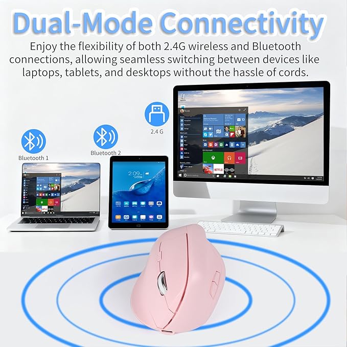 Bluetooth Wireless Vertical Mouse - Ergonomic Design Rechargeable with Type-C Silent Operation for Office and Home Use Ideal for Professionals &amp Students (Pink)