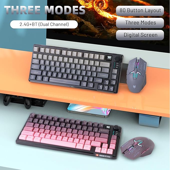 75 ％ Wireless Gaming Keyboard and Mouse Combo Tri-Mode BT5.0/2.4GHz/USB-C RGB Backlit Keyboard + 3D 1600DPI Mice 2000mAh Battery 80 Keys Knob Volume Control (Gradient Gray)