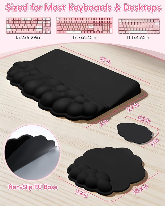 Cloud Wrist Rest Set for Keyboard and Mouse Ergonomic Memory Foam Wrist Support &amp Adjustable Keyboard Stand with Two Typing Angles Silky Lycra Surface Non-Slip Base (Black)