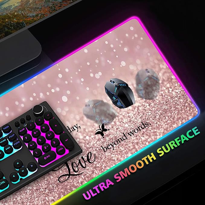 RGB Gaming Mouse Pad with Cup Coaster Large Glowing LED Mouse Pad Anti-Slip Rubber Base Computer Keyboard Desk Mouse Mat 31.5 X 11.8 Inch Quote Live Every Moment Laugh Every Day Love Beyond Words