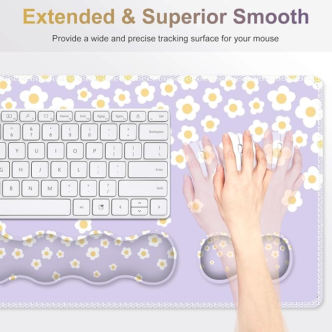 Desk Mat Gaming Mouse Pad Cute Desk Matt Keyboard Wrist Rest for Desktop Anti-Slip Mousepad w/Stitched Edges XXL Large Mouse Pad with Wrist Support for Desk Computer I Lavender Happy Flowers