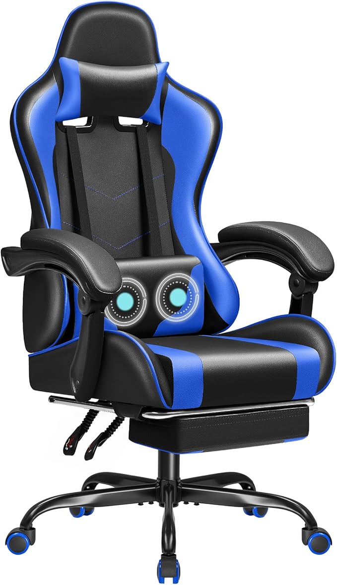 JUMMICO Gaming Chair Ergonomic Computer Chair with Footrest and Massage Lumbar Support Height Adjustable Video Gaming Chair with 360° Swivel Seat and Headrest (Blue)