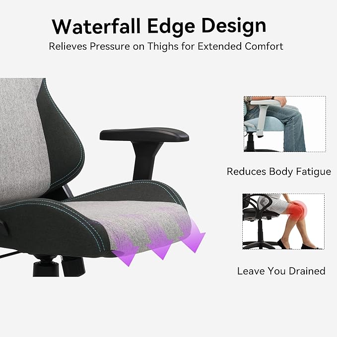 Gaming Chair 4D Adjustable Armrests - 155° Reclining &amp 320lb Capacity High Back Ergonomic Computer Chair with Lumbar Support Fabric Office Chair for Adults (Gray)