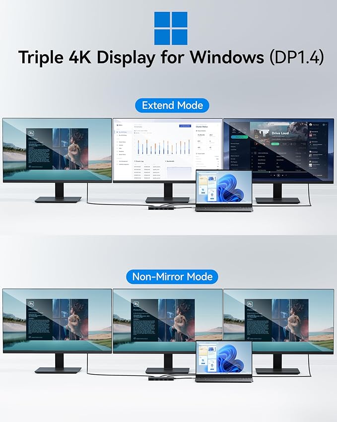 USB C Docking Station Dual Monitor Selore Docking Station 3 Monitors Triple 4K Display with 2 HDMI DisplayPort 1 Gbps Ethernet 100W PD Charging USB 3.0 Ports Adapter for Dell HP etc(Black)