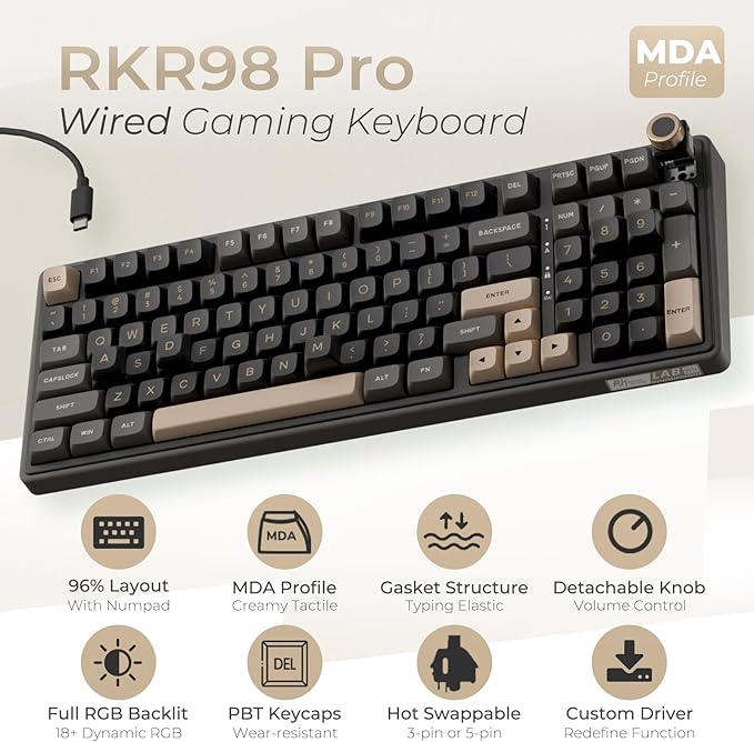 RK ROYAL KLUDGE R98 Pro Wired Mechanical Keyboard 96% Creamy Gaming Keyboard RGB Backlit with Number Pad and Volume Knob Gasket Mount MDA Profile PBT Keycaps Hot Swappable Pre-lubed Linear Switch