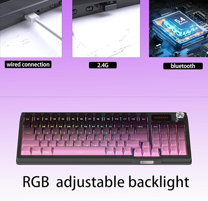 KUTETHY KY95 Series Wireless Mechanical Gaming KeyboardPre-lubed Kailh Dark Chocolate Switches98% Gasket Hot Swappable Custom RGB Side Printed PBT Keycaps Keyboard(BlackberryDark Chocolate switch)