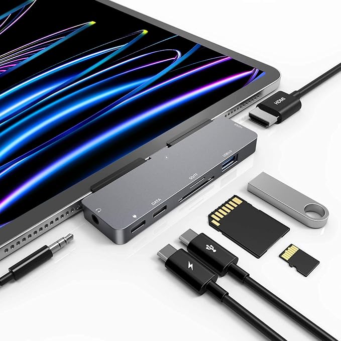iPad Pro USB C Hub 7-in-1 Adapter for iPad Pro M4 M2 M1 13 12.9 11 inch iPad Air 5 4 Docking Station with 4K HDMI USB-C PD SD/TF Card Reader USB 3.0 3.5mm Headphone Jack iPad mini 6 Accessories