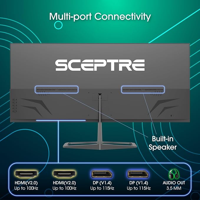 New! Sceptre 34-inch Prime Monitor 3440 x 1440 up to 115Hz 103% sRGB DisplayPort HDMI Build-in Speakers Machine Black 2026 (E345W Series)