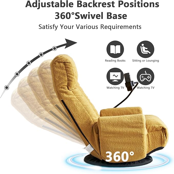 360-Degree Swivel Floor Chair with 5-Position Folding Design Adjustable Headrest Waist Support Armrests and Phone Holder for Living Room (Yeiiow+Teddy Fleece)