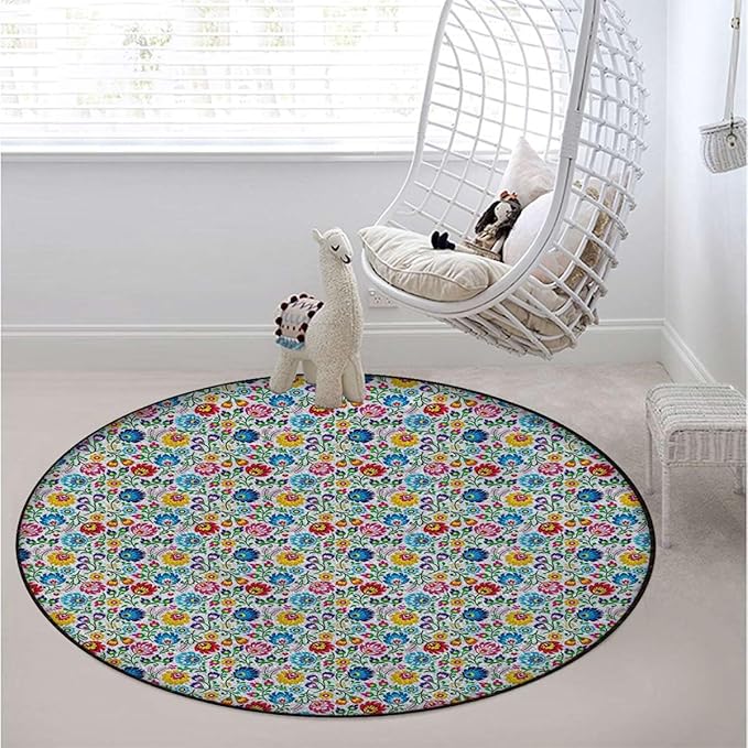 Multi Round mat Washable Desk Chair Mats Low-Pile Carpet for Rolling Chair Decorative Round Rug Multi-Purpose Floor Mat Shabby Chic Botany Florets Watercolor Design Diameter 39.4 in