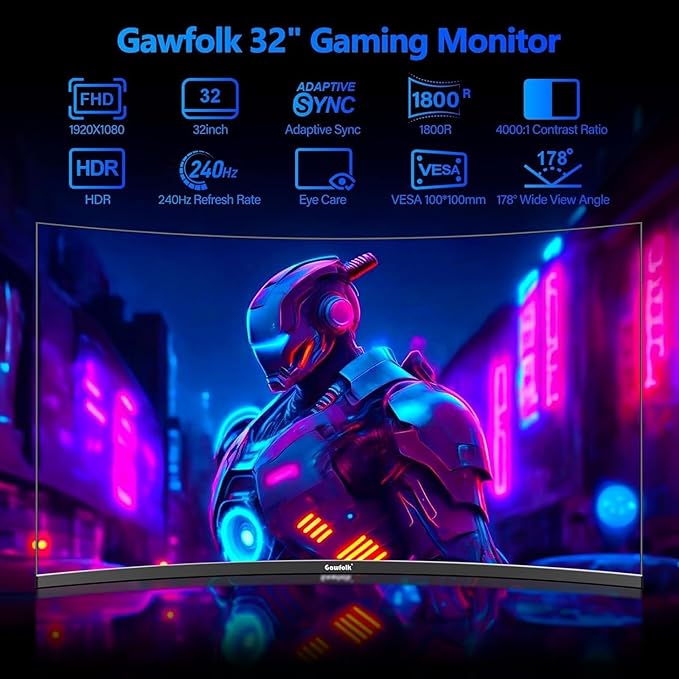 Gawfolk Curved 32 inch Gaming Monitor 240Hz PC Screen Full HD 1080P Frameless 1800R Curved Computer ScreenFreeSync178° Viewing AngleDisplay Port、HDMI 2.0Wall Mount Compatible 100x100MM-Black