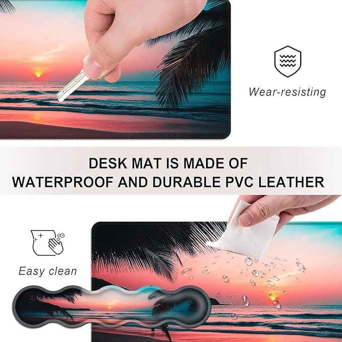 Mouse PadLarge Desk Mat Set 4in1 XL Mousepad + Keyboard Wrist Rest+Mouse Wrist Rest+Coaster with Ergonomic Desk Pad for Home Office Table Computer Cover -Palm Tree Beach Scene