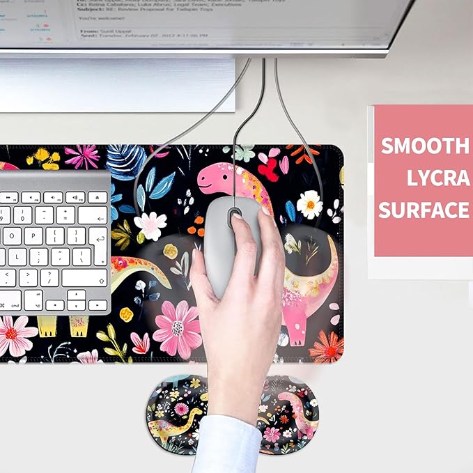 Mouse PadLarge Desk Mat Set 4in1 XL Mousepad + Keyboard Wrist Rest+Mouse Wrist Rest+Coaster with Ergonomic Desk Pad for Home Office Table Computer Cover -Colorful Floral Dinosaurs Art