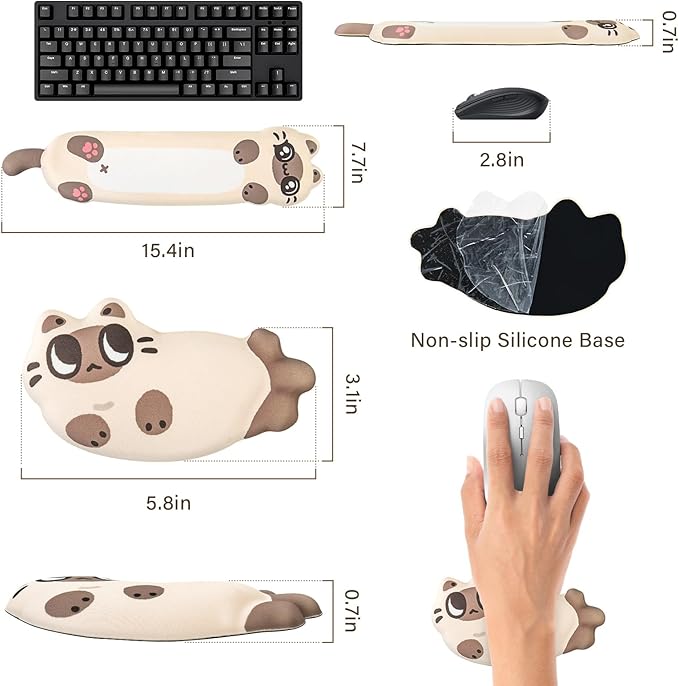 Keyboard Wrist Rest and Mouse Pad Set Wrist Rest for Keyboard and MouseWrist Support for KeyboardNon-Slip Base Memory Foam Wrist Pad for Gaming Home OfficePain Relief(Cute CatOff-White)