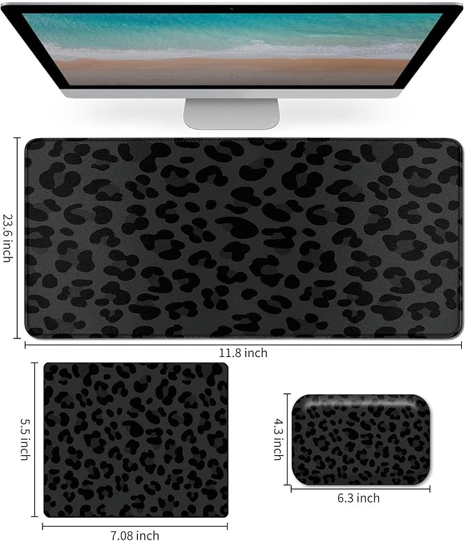 Mouse Pad Desk Mat Ergonomic Wrist Support Pad SetMouse Wrist Rest Keyboard Pad with Stitched Edges and Non Slip Base-Black Leopard Panther Cheetah Print