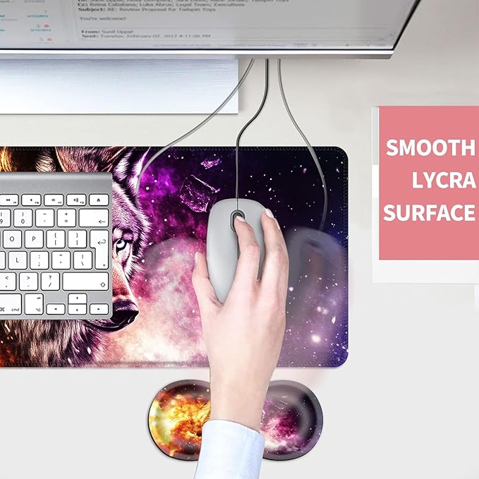 Mouse PadLarge Desk Mat Set 4in1 XL Mousepad + Keyboard Wrist Rest+Mouse Wrist Rest+Coaster with Ergonomic Desk Pad for Home Office Table Computer Cover -Cosmic Wolf Purple Nebula