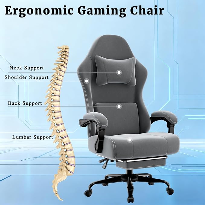 Ergonomic Gaming Chair Video Game Chair with Massage Lumbar Support and Footrest Height Adjustable Fabric Computer Chair with Pocket Spring Cushion
