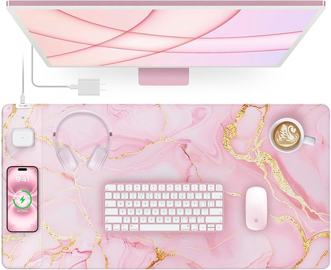 Pink Marble Mouse Pad with 15W Wireless Charging 31.5x15.8 Large Gaming Desk Pad/Mat for Women Girls Waterproof Ultra-Smooth Surface Non-Slip Base with 20W PD Adapter