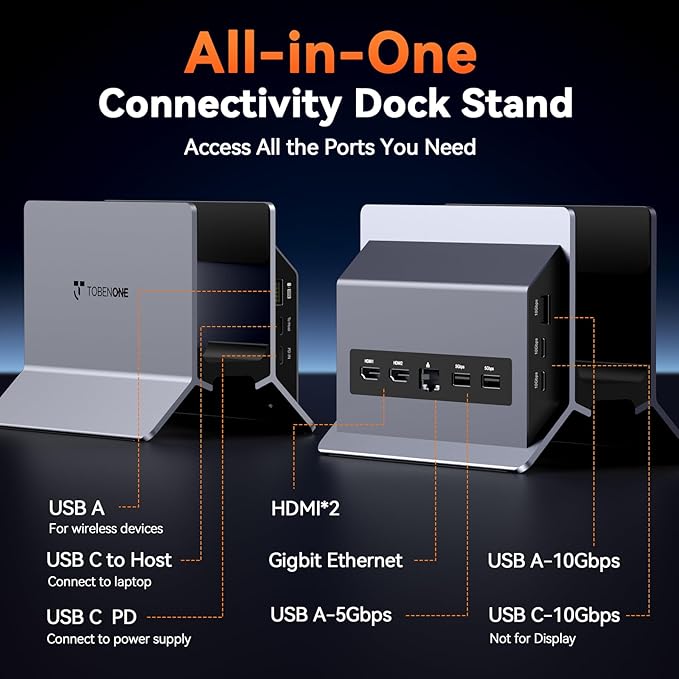 TobenONE Docking Station with Dual Monitor4K@60Hz 2 HDMI100W Power Supply PD 3.06 USBGigabit Ethernet Laptop Stand Verticallyfor WindowsChromeOS and More Space-Saving for Office/Home/Study