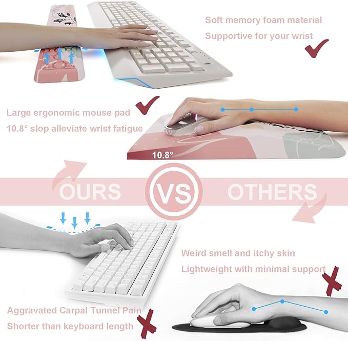 Ospelelf Mouse Pad with Wrist Rest and Keyboard Wrist Rest Ergonomic Wrist Rest for Computer Office Gaming Pink