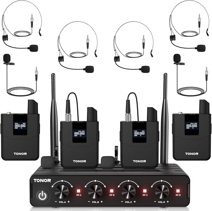 TONOR Wireless Microphones System with UHF Headset/Lavalier Lapel Mics Bodypack Transmitter Receiver 4 * 10 Channels 60 m/200ft Range for Church Conference Performance Singing Karaoke PA Speaker