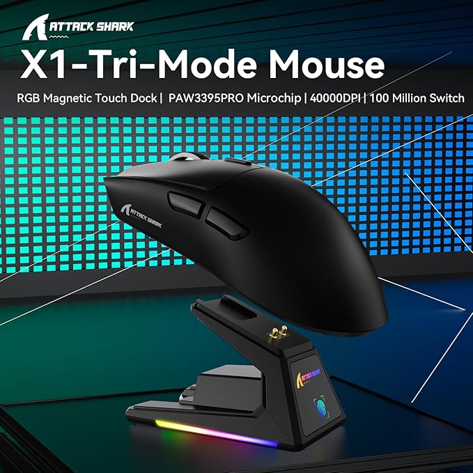 ATTACK SHARK X1 Superlight Wireless Gaming Mouse with RGB Magnetic Charging Dock BT/2.4G Wireless/Wired Gaming Mouse PAW3395PRO Gaming Sensor 40000DPI 53g Office Mice for PC/Mac/Win/Xbox (Black)
