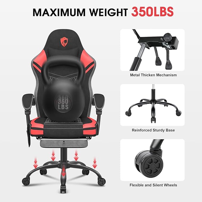 Gaming Chair Tech Fabric Computer Chair with Massage Office Chair with Pocket Spring Widened Cushion High Back Ergonomic Chair with Footrest Lumbar Support Upgraded Metal Legs 350LBS (Red)