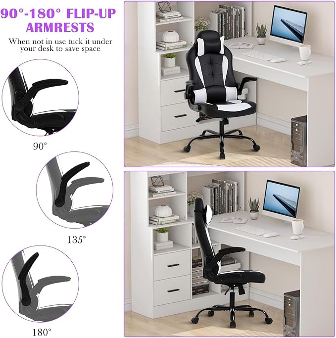 Gaming Chair High Back Computer Chair Egonomic Office Chair PU Leather Video Game Chairs Swivel Executive Chairwith Flip Up Arm Headrest Racing Chairs Rolling Chair for Adults White