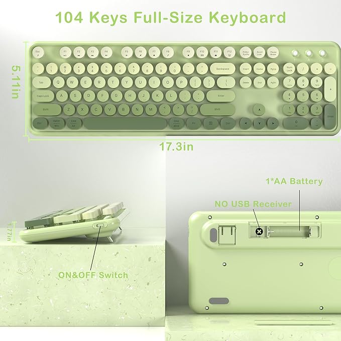 Colorful Wireless Keyboard and Mouse Combo COVEVA 2.4GHz Wireless Retro Cute Round Keycaps Keyboard 104 Keys Full-Sized Keyboard Mouse Set with Switch Button for PC Laptop Desktop (Green Gradient)