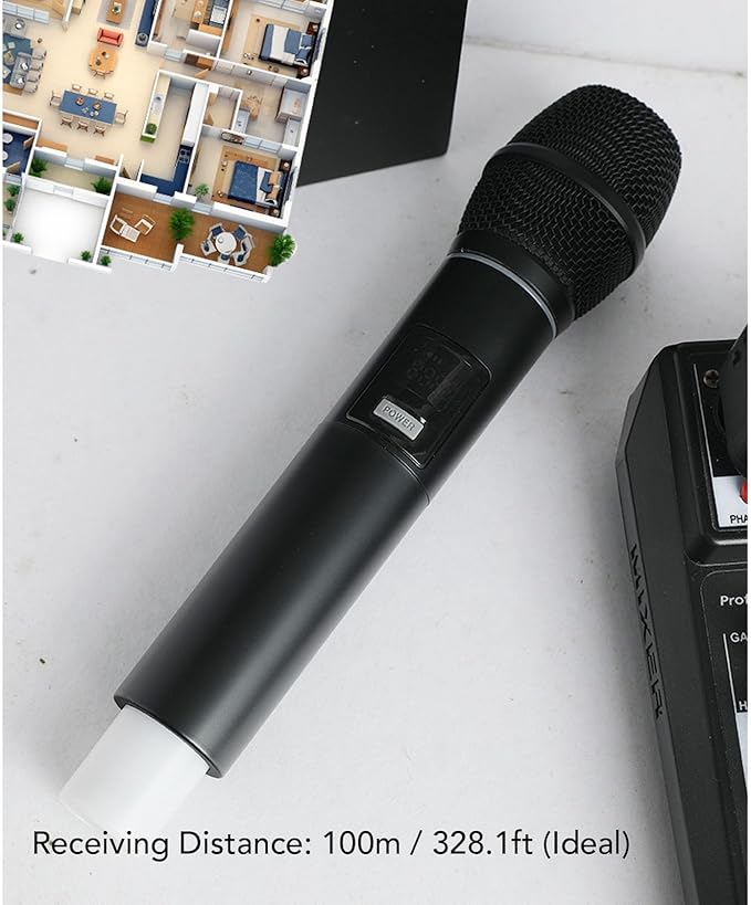 Pongnas Wireless Microphone UHF Rechargeable Cordless Dynamic Mic with Ambient Lights 6.35MM Plug &amp Play 100m Range for Karaoke Stage