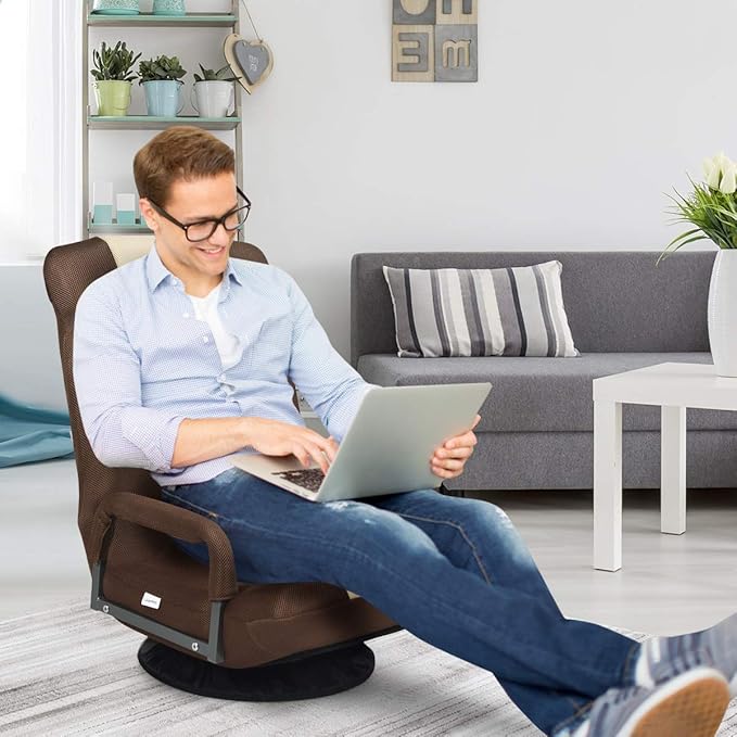 S AFSTAR Floor Gaming Chair Swivel Foldable Chair with Armrest &amp 6-Position Adjustable Backrest Folding Rocker for TV Reading &amp Home Office (Brown)