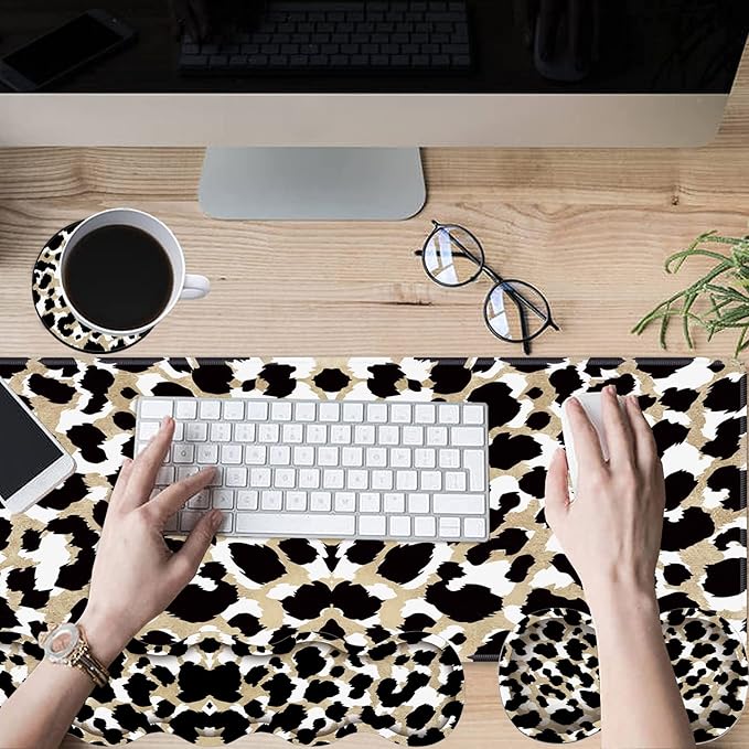Gaming Mouse Pad Set Large Gaming Mouse Pad+Keyboard Wrist Rest+Mouse Wrist Rest+Coaster Easy Typing Pain Relief 31.5 × 11.8 inch Desk Mat for Home Office Cute Leopard Print