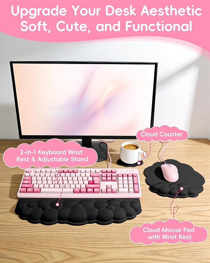Cloud Wrist Rest Set for Keyboard and Mouse Ergonomic Memory Foam Wrist Support &amp Adjustable Keyboard Stand with Two Typing Angles Silky Lycra Surface Non-Slip Base (Black)