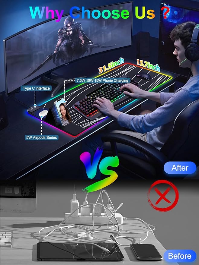 XXL Mouse Pad with Foldable Phone Holder - Black RGB Desk Mat with 15W Fast Charging LED Gaming Mousepad with 11 Light Colors Waterproof Non-Slip Pad (Stand XXL RGB Wavy)